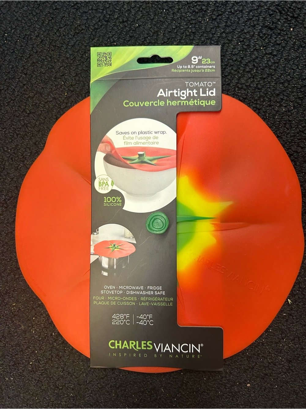 Charles Viancin 9" Tomato Airtight Silicone Lid - Red with Green/Yellow Accent